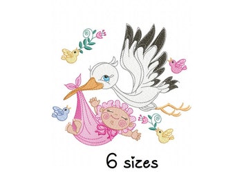 Stork and Baby Girl embroidery design, baby embroidery design machine, newborn embroidery pattern file, instant download