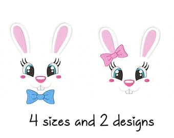 May include: Two embroidered bunny faces, one with a blue bow tie and the other with a pink bow. The bunnies have white fur, pink ears, and blue eyes. The text "4 sizes and 2 designs" is below the bunnies.
