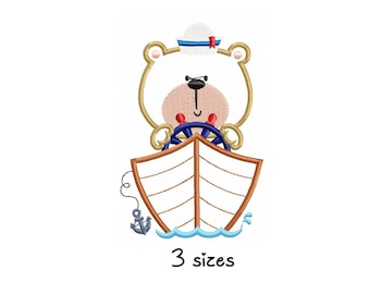 May include: White bear wearing a blue and red sailor hat, steering a brown boat with a blue wheel. The boat is on blue water with a gray anchor.