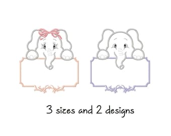 May include: Two embroidered elephant designs with blank signs. The elephant on the left has a pink bow and the sign is peach. The elephant on the right has a purple bow and the sign is lavender. The text below the elephants reads "3 sizes and 2 designs".