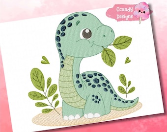 May include: A green and blue cartoon dinosaur with black spots eating a green leaf. The dinosaur is sitting on a tan surface with green leaves behind it.