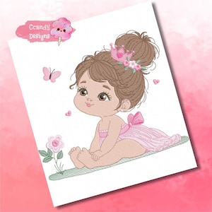 May include: Embroidered design of a little girl with brown hair wearing a pink dress and a crown. She is sitting with her legs crossed and has a sweet expression on her face. There are pink flowers and butterflies around her.
