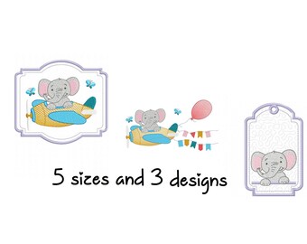 May include: Three printable designs featuring a cute cartoon elephant. The first design shows the elephant flying a plane. The second design shows the elephant flying a plane with a balloon and bunting. The third design shows the elephant peeking out of a tag. The text "5 sizes and 3 designs" is below the images.