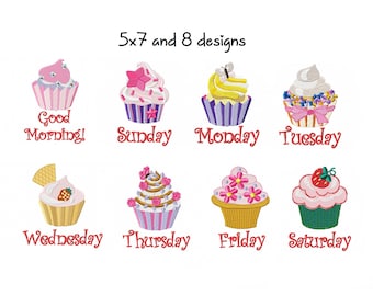 Könnte beinhalten: Acht gestickte Cupcake-Designs, 5x7 Zoll, mit verschiedenen Toppings und Text. Die Designs beinhalten "Good Morning!" und die Wochentage.
