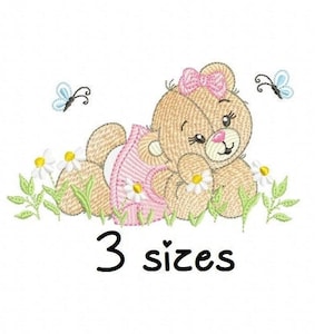 Garden Bear Girl embroidery design, girly embroidery design machine, bear embroidery pattern, file instant download, baby embroidery design