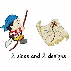 Pode incluir: Um desenho bordado de um pirata de desenho animado segurando uma corda com um mapa do tesouro no fundo. O texto "2 tamanhos e 2 designs" está abaixo da imagem.