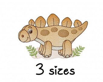 May include: Embroidered design of a brown cartoon dinosaur with green leaves. The text "3 sizes" is below the dinosaur.