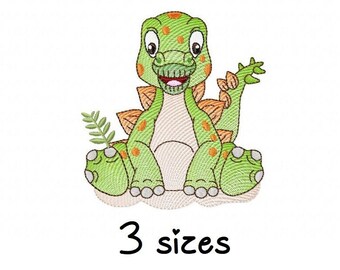 May include: Green cartoon dinosaur with orange spots sitting on a white background. The dinosaur is smiling and waving. The text "3 sizes" is below the dinosaur.