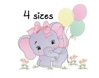 Süßes Elefantenmädchen Stickmuster, Baby Stickmuster Maschine, Neugeborenen Stickmuster, Datei Sofort Download, Ballonstickerei
