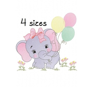 Niedliche Elefant Mädchen Stickdatei, Baby Stickdatei Maschinenstickerei, Neugeborene Stickmuster, Datei instant download, Luftballon Stickdatei