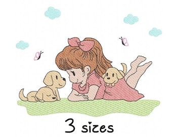 May include: Embroidered design of a girl with brown hair and a pink dress lying on her stomach with two small yellow dogs. The girl is looking at one of the dogs. The design is set against a white background with blue clouds and pink butterflies.