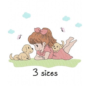Girl and Dogs embroidery designs, baby embroidery design machine, newborn embroidery pattern, file instant download, Kids embroidery design