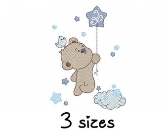 Bear Star Balloon embroidery design, boy embroidery design machine, teddy bear embroidery pattern, file instant download, baby embroidery