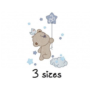 Bear Star Balloon embroidery design, boy embroidery design machine, teddy bear embroidery pattern, file instant download, baby embroidery