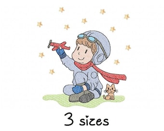 May include: A cartoon illustration of a child wearing a pilot's helmet and holding a red airplane. The child is sitting on the ground with a small cat beside them. There are stars in the background. The text "3 sizes" is below the image.