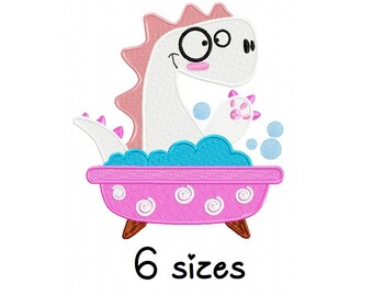 May include: Embroidered design of a white dinosaur wearing glasses and taking a bath in a pink bathtub with blue water and bubbles. The text "6 sizes" is below the image.