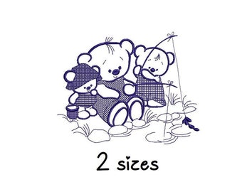 May include: Three teddy bears are fishing by a pond. The bear in the middle is holding a fishing rod. The bear on the left is holding a bucket. The bear on the right is holding a fishing rod. The text "2 sizes" is below the bears.