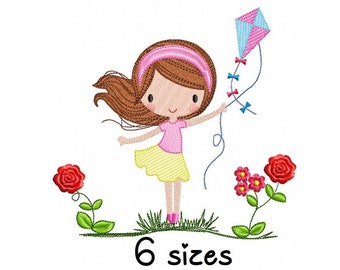 May include: An embroidery design of a girl with brown hair holding a pink and blue kite. She is standing in a field with two red roses. The design includes the text "6 sizes".