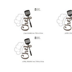K&ouml;nnte beinhalten: Ein schwarz-wei&szlig;es Design einer Kochm&uuml;tze mit dem Wort "Chef" in einer stilisierten Schriftart. Ein schwarzer Spatel befindet sich &uuml;ber der M&uuml;tze. Das Design wird viermal wiederholt.