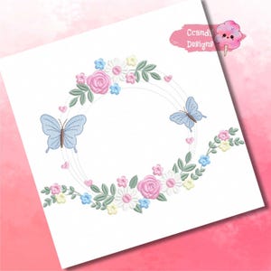 May include: A circular embroidery design featuring a wreath of pink, white, and blue flowers with two blue butterflies. The wreath is surrounded by a dotted circle.