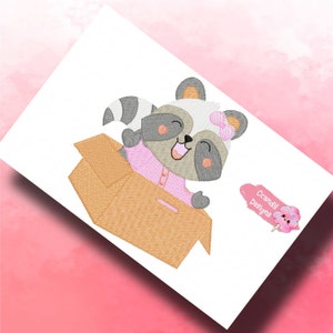 Raccoon Box Girl embroidery design, Baby embroidery design machine, newborn embroidery pattern, file instant download, animals embroidery