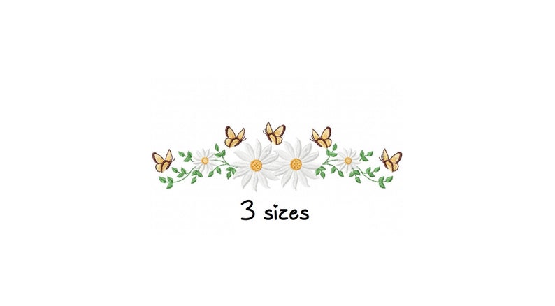 May include: A white daisy flower garland with green leaves and yellow butterflies. The garland has the text "3 sizes" below it.