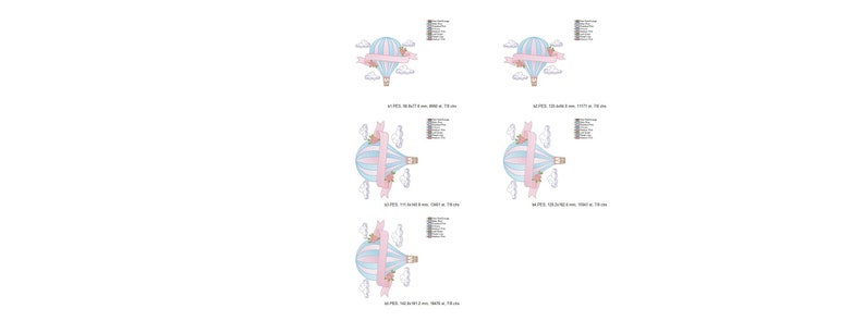 K&ouml;nnte beinhalten: Ein Set mit f&uuml;nf digitalen Clipart-Bildern, die einen blauen und rosafarbenen Hei&szlig;luftballon mit einem rosafarbenen Band und wei&szlig;en Wolken zeigen. Der Ballon ist mit Blumen und einem kleinen Haus verziert.