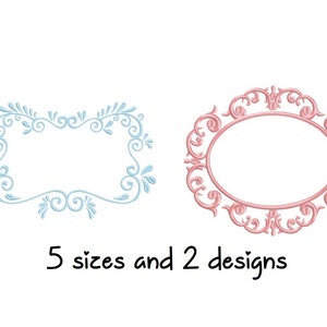 May include: Two embroidery designs for a frame. One is a light blue rectangular frame with a floral design. The other is a pink oval frame with a floral design. The text "5 sizes and 2 designs" is below the frames.