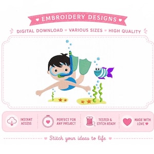 May include: An embroidery design featuring a cartoon character snorkelling underwater with green fins, a blue snorkel, and a small striped fish. The text reads EMBROIDERY DESIGNS, DIGITAL DOWNLOAD, VARIOUS SIZES, HIGH QUALITY, INSTANT ACCESS, PERFECT FOR ANY PROJECT, TESTED & STITCH READY, MADE WITH LOVE, and Stitch your ideas to life.