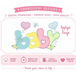 Pode incluir: Um design de bordado digital com a palavra baby em letras pastel de bolinhas com recortes de coração, acompanhado por dois balões em forma de coração, uma pequena borboleta e flores, com texto incluindo Embroidery Designs e Stitch your ideas to life.