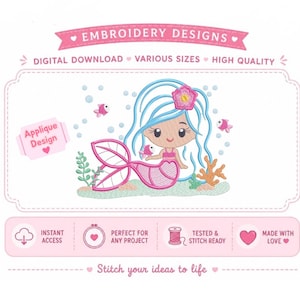 Puede incluir: Un diseño de bordado con una sirena de dibujos animados con cabello azul claro, una flor rosa y una cola rosa. La imagen incluye el texto EMBROIDERY DESIGNS, DIGITAL DOWNLOAD, VARIOUS SIZES, HIGH QUALITY, Applique Design, INSTANT ACCESS, PERFECT FOR ANY PROJECT, TESTED & STITCH READY, MADE WITH LOVE y Stitch your ideas to life.