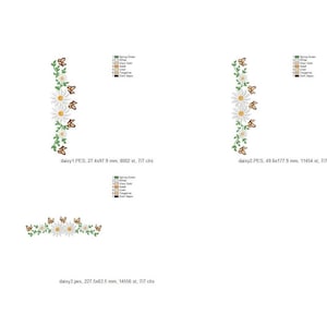 May include: Three embroidery designs featuring white daisies with green leaves and brown butterflies. The designs are for a corner, a border, and a single row.