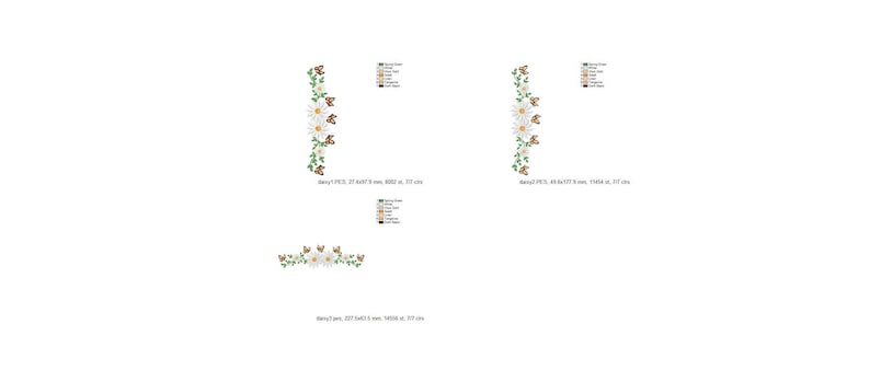 May include: Three embroidery designs featuring white daisies with green leaves and brown butterflies. The designs are for a corner, a border, and a single row.