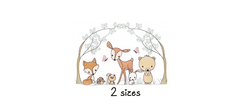 May include: An embroidered design featuring a fox, a deer, a hedgehog, a rabbit, and a bear standing in a forest setting. The animals are outlined in brown and have light brown, pink, and white details. Two butterflies are flying above the animals. The text "2 sizes" is below the animals.