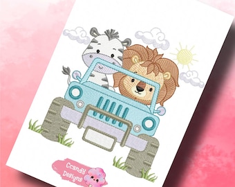 May include: An embroidered design of a blue jeep with a zebra and a lion inside. The jeep has brown tires and a white background. The design is perfect for a nursery or children's room.