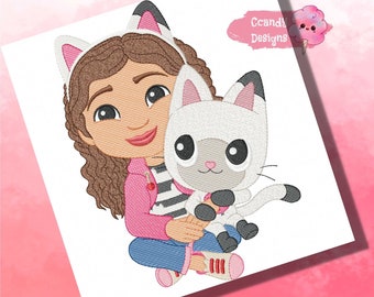 May include: A girl wearing a pink jacket and cat ears holds a white stuffed cat with black eyes and a pink nose. The cat has a white and black tail.