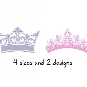 May include: Two embroidery designs of crowns. One is a purple crown with a pointed top and the other is a pink crown with a rounded top. The text "4 sizes and 2 designs" is below the crowns.