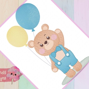 Bear Boy Balloons embroidery design, boys embroidery design machine, teddy bear embroidery pattern, file instant download, baby embroidery