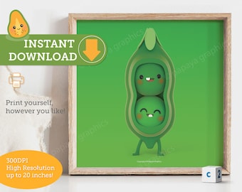 two peas in a pod wall art printable, twin nursery decor digital download, kids playroom decor for walls, veggie nursery wall decor, baby