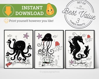 Ocean nursery prints set of 3 digital download, you are so loved wall art printable, octopus nursery décor, sea horse nursery sign, nautical