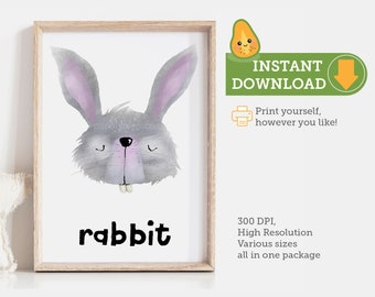 Watercolor rabbit nursery print digital download, unisex baby gift, bunny nursery decor printable, gender neutral baby shower gift, woodland