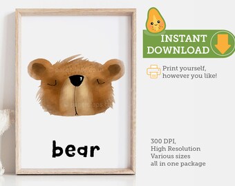 Bear nursery wall art print, Digital download, Woodland animals, Printable wall art, Nursery wall decor, Hand painted, Watercolour bear