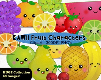 Kawaii clipart for kids, fruit clipart for stickers, DIY nursery decor, watermelon png files for sublimation for shirts, pineapple png