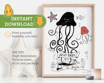 Jellyfish art print digital download, ocean nursery decor, under the sea nursery wall art printable, nautical nursery print, kids playroom