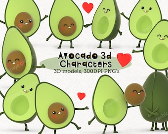 Avocado clipart, Clip art, Avocado art, Cute Kawaii, character sheet, 3D