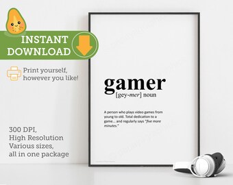 Gamer definition poster, Gamer prints, gamer room prints, Video gamer wall art, Printable quotes art, Kids room decor, Gift for gamer