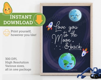 te amo a la luna y al signo trasero imprimible, descarga digital de decoración de guardería en el espacio exterior, decoración de la sala de juegos para niños para paredes, baby shower de galaxias