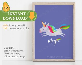 Rainbow unicorn nursery wall art digital download, unicorn gifts for little girls, magical nursery decor printable, unicorn baby shower gift