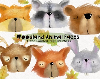 Woodland animals faces clipart, Forest clip art, Hand painted illustrations, Watercolor, Chalk Digital, Fox Bear Rabbit Squirrel Racoon Deer