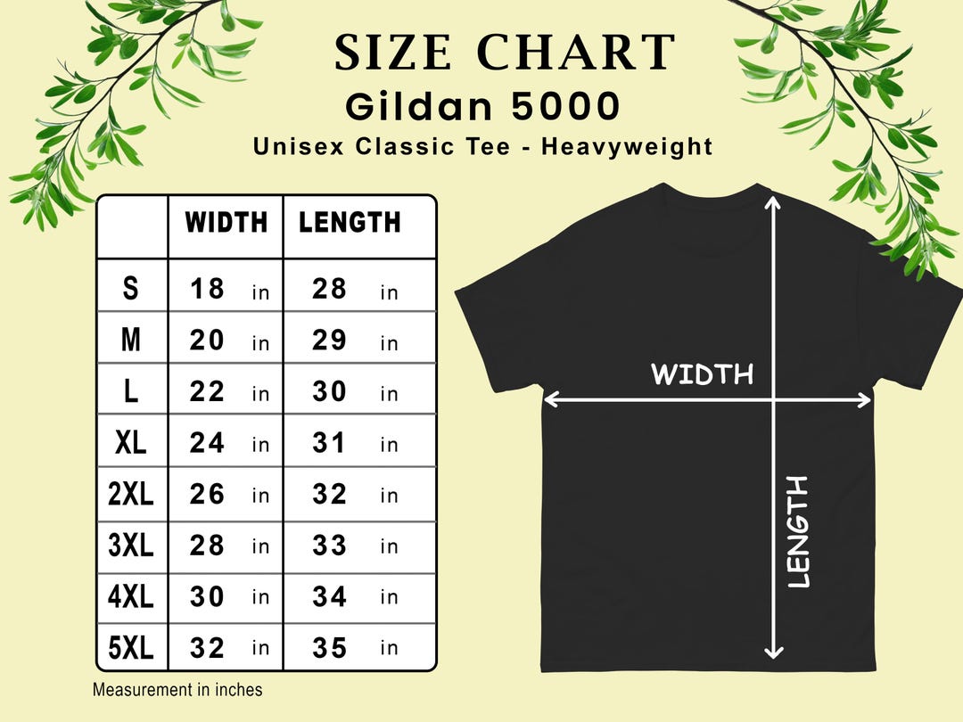 Gildan 5000 Size Chart - Black Cotton T-shirt - (digital Download